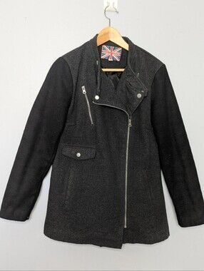 Miss London Wool Blend Mixed Media Longline Moto Biker Coat Jacket Grey L
